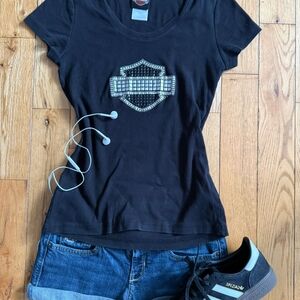 Black Rhinestone Emblem Fitted Tee